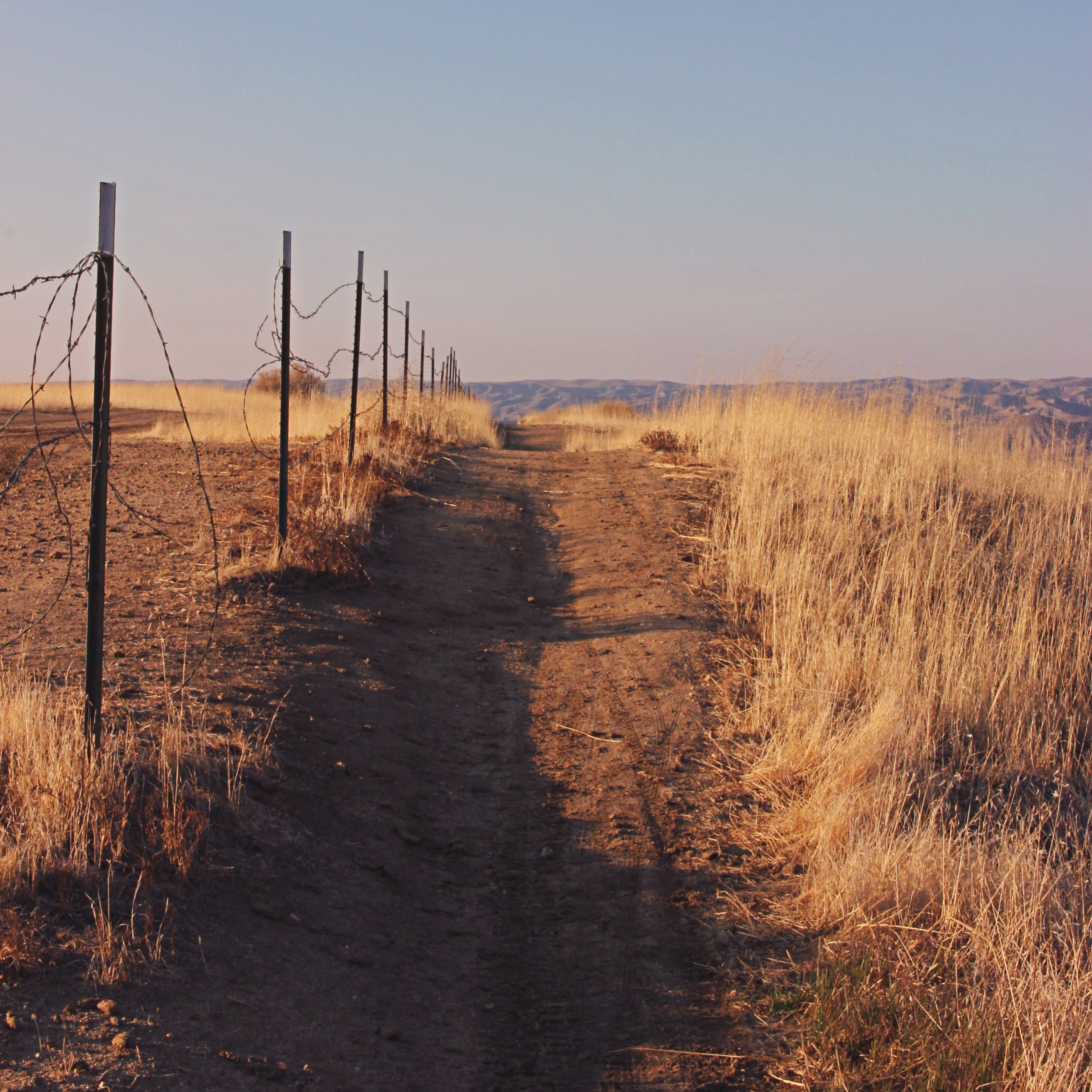dirt path next to a barbed wire fence with distant hills beyond