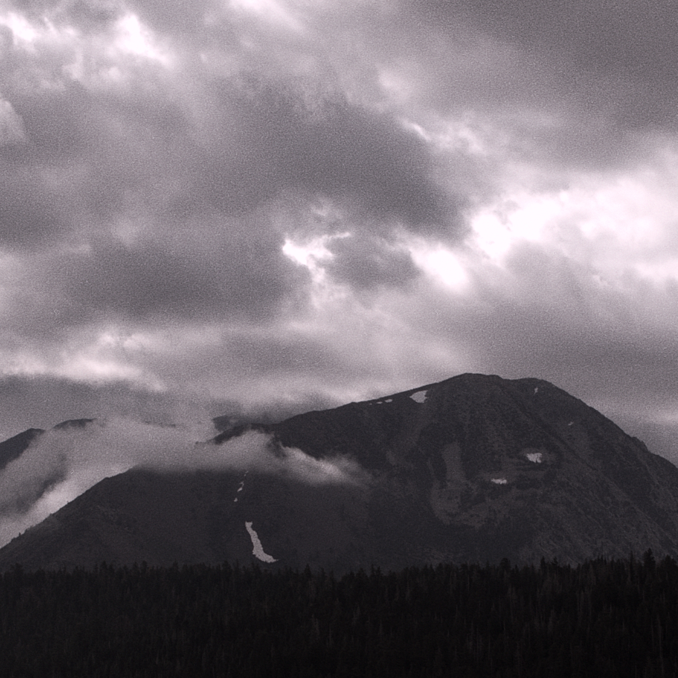 fog and storm clouds surrounding a grey snowy mountain with black pine trees underneath